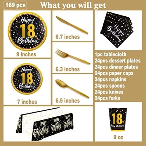 jenlion 18th Birthday Decorations for Boys Girls, Black Gold Birthday Supplies Plates and Napkins, Cups, Knives, Forks, Spoons Included, Tablecloth, Tableware for 24 Guests(Total 169pcs)
