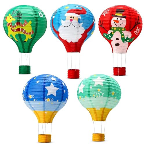 ADLKGG 12 Inch Hot Air Balloon Paper Lanterns, Christmas in July Decorations, Santa & Star Hanging Decor for Winter Christmas Party, Mexican Fiesta, Kids Birthday & Nursery Room Ceiling, 5 Pcs