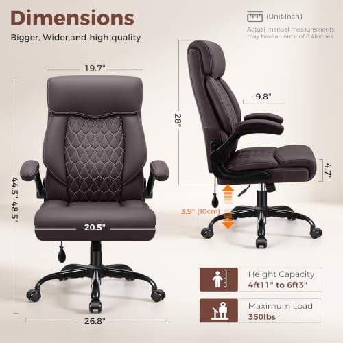 Image of Ergonomic Office Chair with Lumbar Support, Executive Leather Computer Desk Chair with Flip Up Arms & Rocking Function, High Back Big and Tall Comfortable Gaming Chair for Home Office