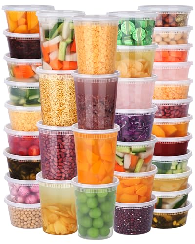 NESCCI 96 Pack (192-Piece) Deli Containers with Lids 32/16/12/8 oz X 24 Set Each Leak-Proof & BPA Free Airtight Takeout Plastic Food Storage Containers for Soup Meal Prep Microwave/Freezer Safe