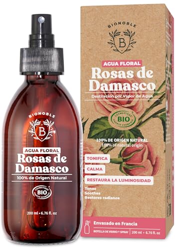 Bionoble Agua de Rosas Orgánica 200ml - Tónico facial de Agua de Rosas de Damasco 100% Puro y Natural - Cara, Contorno de Ojos, Cuerpo, Cabello - Botella de Vidrio + Spray