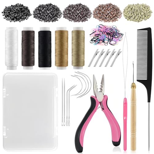 Lumitressa Hair Extension Tools Kit 500 Silicone Lined Micro Rings 1 Plier 1 Threader 1 Crochet Hook 8 C/J/I Needles 5 Clips 1 Comb 5 Sewing Threads 100 Mini Rubber Bands with Storage Case