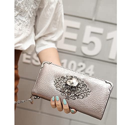 Skull Wallets for Women Zipper Wallet Shiny Faux Leather Clutch Handbags Chian Wristlets Bag Card Pockets Long Cion Purse-Rose red, Silver4