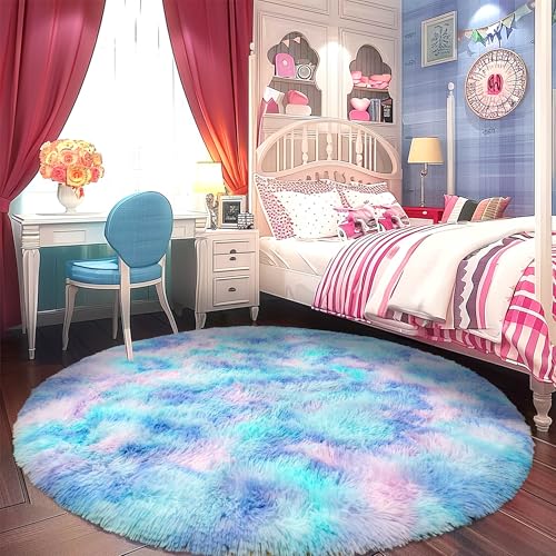 Round Fluffy 5FT Tie-dye Blue - Super Soft Circle Rug for Kids Room - Shaggy Circular Rug for Nursery - Furry Carpet for Boys Girls Room