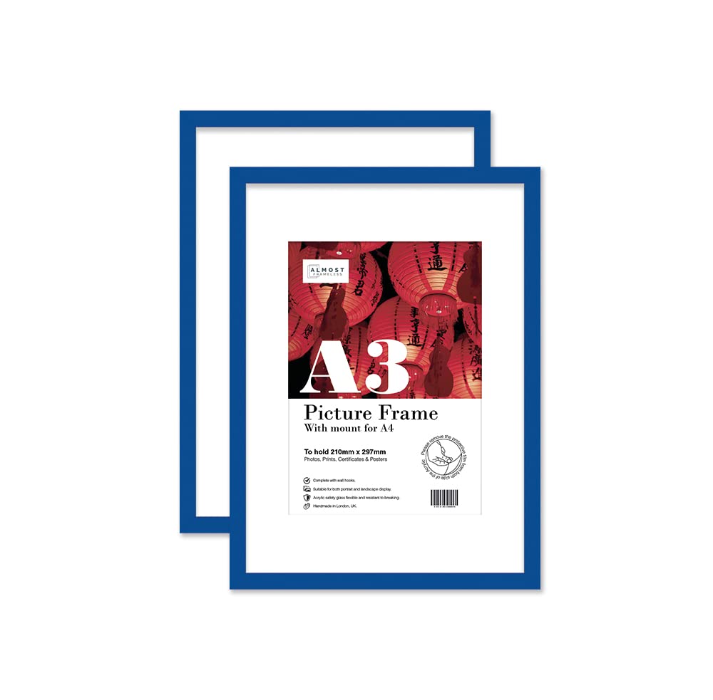 Almost Frameless A3 Blue Picture Frame Set of 2, Display A4 Pictures with Mount or A5 Without Mount Gallery Wall, Poster, Photo, Artwork, or Print, Blue