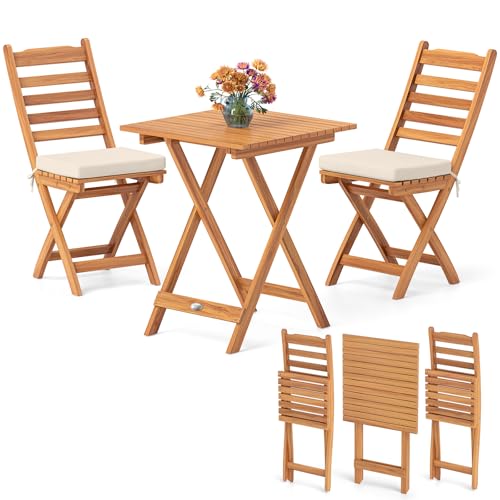 KOMFOTTEU Salon de Jardin en Bois d'acacia pour 2 Personnes, Ensemble de Meubles de Jardin, 3 pièces, 1 Table & 2 Chaises, Ensemble Pliable de Bistrot pour...