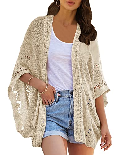 Image of Ermonn Crochet Cardigan Sweaters for Women Open Front Kimono Batwing Sleeve Plain Casual Lightweight Outerwear