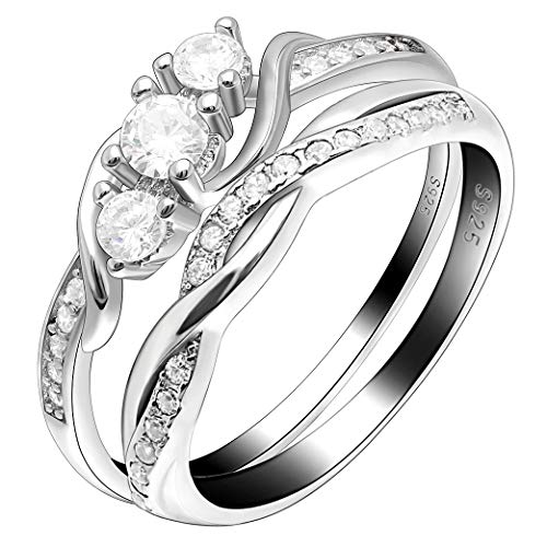 Ginger Lyne Collection Lydia Bridal Set Sterling Silver Three Stone Cubic Zirconia Cz Simulated Diamond Engagement Ring Wedding Band for Women Promise Jewelry Size 9