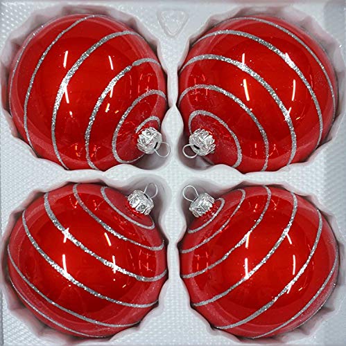 Juego de 4 bolas de Navidad de cristal, 10 cm de diámetro, en color rojo brillante, adornos plateados, bolas de Navidad de 10 cm de diámetro Cover