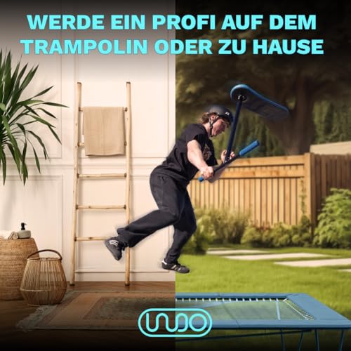 In Do The Trick Scooter Trickscooter Indo Pro V2 - Schwarz/Blau, ab 12 Jahren - Leichtes Stunt-Design Scooter - Indoor & Outdoor & Trampolin Outdoor - Verstellbare Lenkerh&ouml;he & Profi-Stuntroller