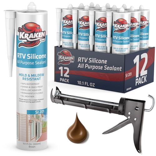 Image of Kraken Bond Brown Silicone Sealant Waterproof% 100-10 fl oz Cartridge - RTV Silicone Caulk Kitchen and Bathroom, All Purpose, Window Caulking Sealant Outdoor Exterior Use Silicon, Gun Incl - 12 Pack
