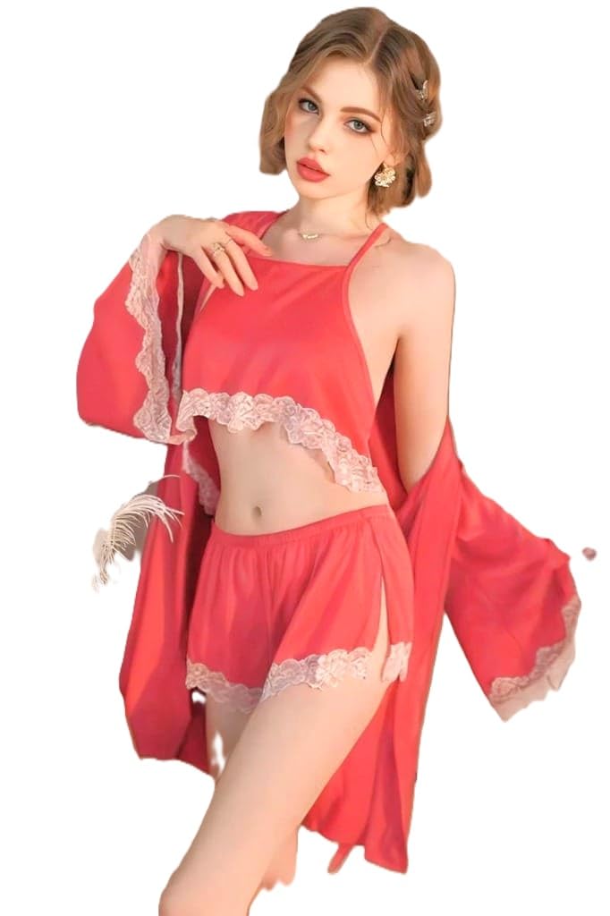 Women's Satin Silk Lingerie Set with Robe | Lace Trim Camisole Top & Shorts Nightwear | 3 Piece Sleepwear Babydoll Set-picture-20