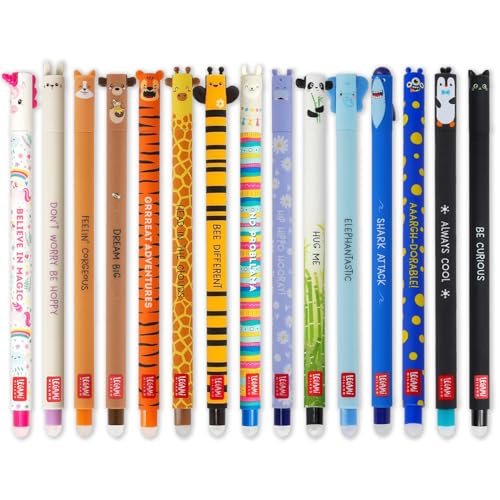 LEGAMI - Set mit 15 radierbaren Gelschreibern, wärmeempfindliche Tinte und Fassmuster, 0,7 mm Spitze, Tiermotive