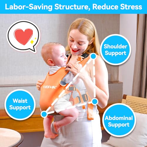 Image of Baby Carrier, Dual-Use Adjustable Baby Sling Support Infant Chest Holder with Drawstring Backpack for Newborn to Toddler 13-33 lbs Swimming Pool Beach Land (Orange)