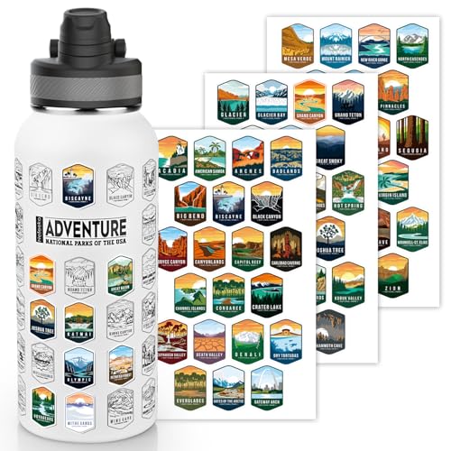 Nefeeko 32oz National Parks Water Bottle - Insulated Adventure Bottle with Waterproof Stickers | Leakproof Lid & Dual Straw/Spout | USA Bucket List Gift for Hikers, Camping & Outdoor Enthusiasts