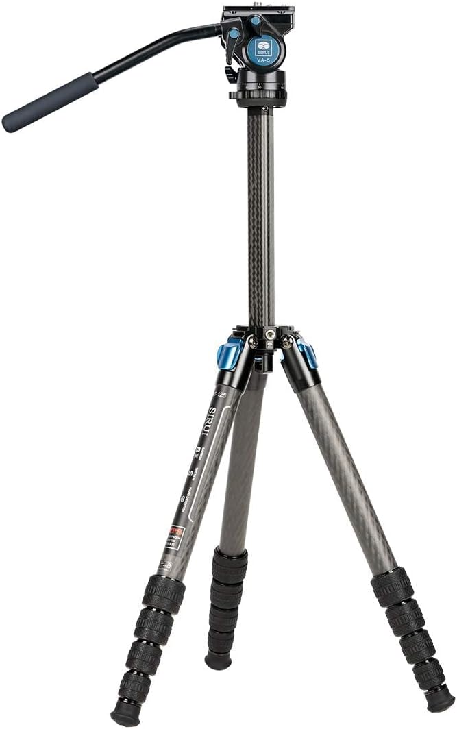 SIRUI ST-125+VA-5 Carbon Fiber Tripod with Fluid Video Head, Triangular Centre Column, Waterproof, Travel Tripod for Cameras, 4 Sections, 62.2inch, Load 6.61lbs