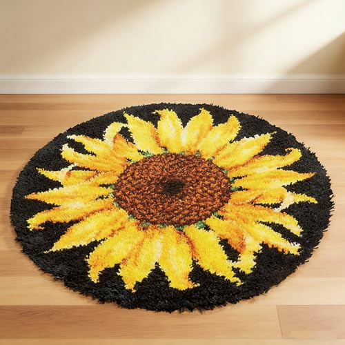 Latch Hook Rug Kit DIY Rug Crochet Yarn Kits Rug Making Kit with Crochet Sunflower Pattern Printed Embroidery Decoration Latch Hook Kits Gift for Family Friends for Beginners Adults 52 x 52 cm