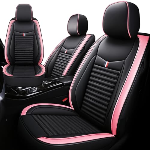 Premium Leather Car Seat Covers for Ford EcoSport 2018-2022,Front Set,Waterproof & Tear-Resistant,Custom Fit, Anti-Slip & Enhanced Comfort(Black Pink)