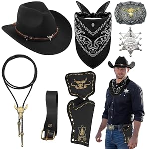 Saier tbo 8 Stück Cowboy Kostüm Zubehör Set, Deluxe Western Cowboy Outfit Kit mit Brauner Hut Paisley Bandana Holster Gürtel Boloschnalle Krawatte Halskette Sheriff Abzeichen für Herren Cosplay Party