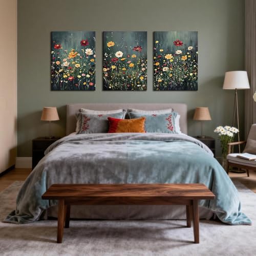 EEYNAQQ Dark Green Wildflower Wall Art, 3-Piece Moody Floral Canvas Painting, Colorful Flower Wall Decor for Living Room Bedroom Bathroom, 16x24 Inches Ready to Hang by EEYNAQQ - Used condition - Image 6