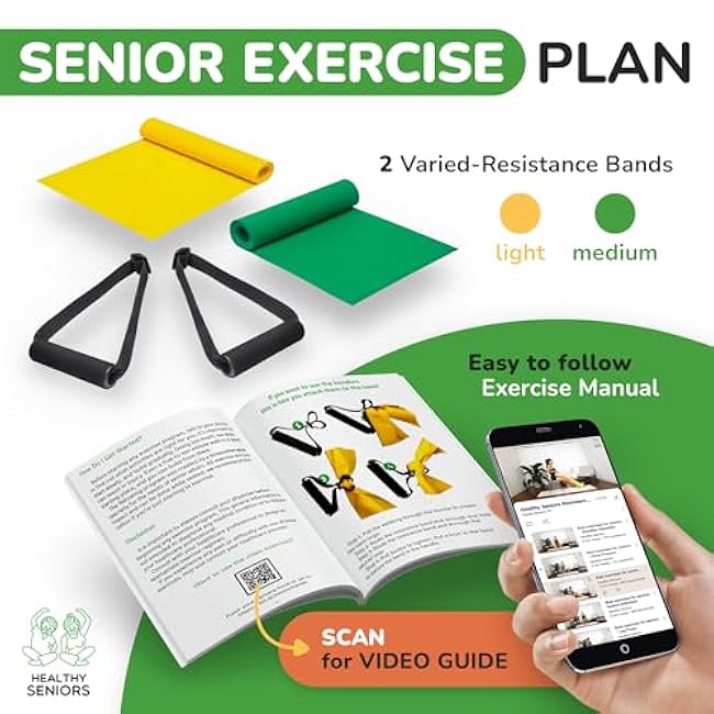 Chair Exercise Program with Two Resistance Bands, Handles and Printed Exercise Guide. Suitable for Rehab or Physical Therapy. Thoughtful Gift for Grandma or Grandpa