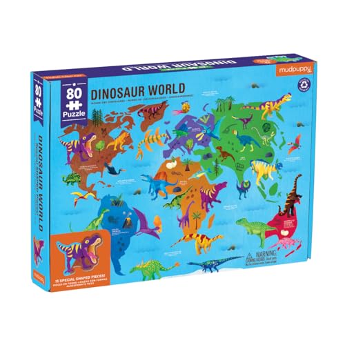 Mudpuppy Dinosaur World – 80 Piece Geography Puzzle with Dino Shaped Pieces Featuring a Variety of Dinosaurs and Where They Used to Live on Earth