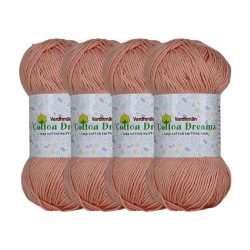 Image of Vardhman 100% Cotton Dreamz Light Weight Natural Thin Yarn | Pack-4 100g | Knitting & Crochet Projects | Soft Natural Yarn | Ideal for Garments, Summer Wear & Accessories | Light Peach , CJL036 P4