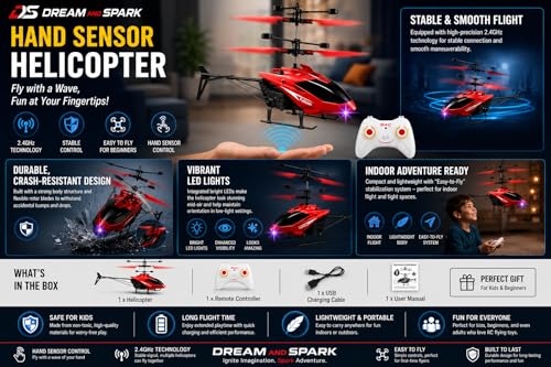 Image of Hand Sensor Helicopter Toy with Remote Control, USB Rechargeable Flying Drone for Kids, Gesture Control RC Helicopter with LED Lights, Indoor Outdoor Flying Toy for Boys & Girls