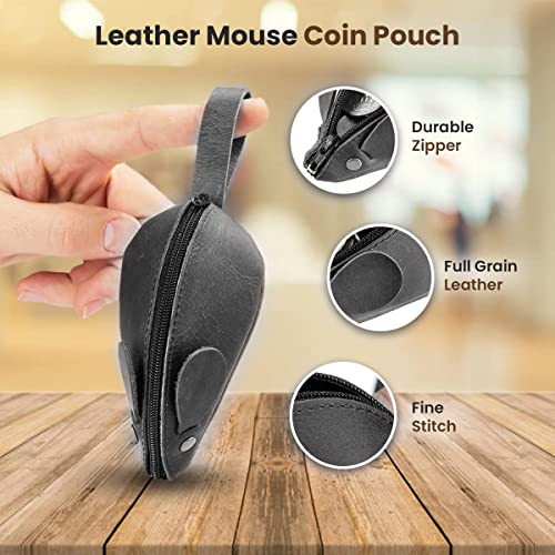 Image of Rustic Leather Mouse Coin Purse Change Pouch Holder Cute Design YKK Zipper Handmade By Nabob Leather (Rustic Black)