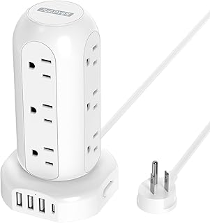 Flat Plug Power Strip Surge Protector Tower with 12 Outlets and 4 USB Ports(1 USB C PD 20W) 6.5FT (13A) Travel Power Strip with USB Ports Ultra Thin Plug for Home Office Supplies ETL Listed