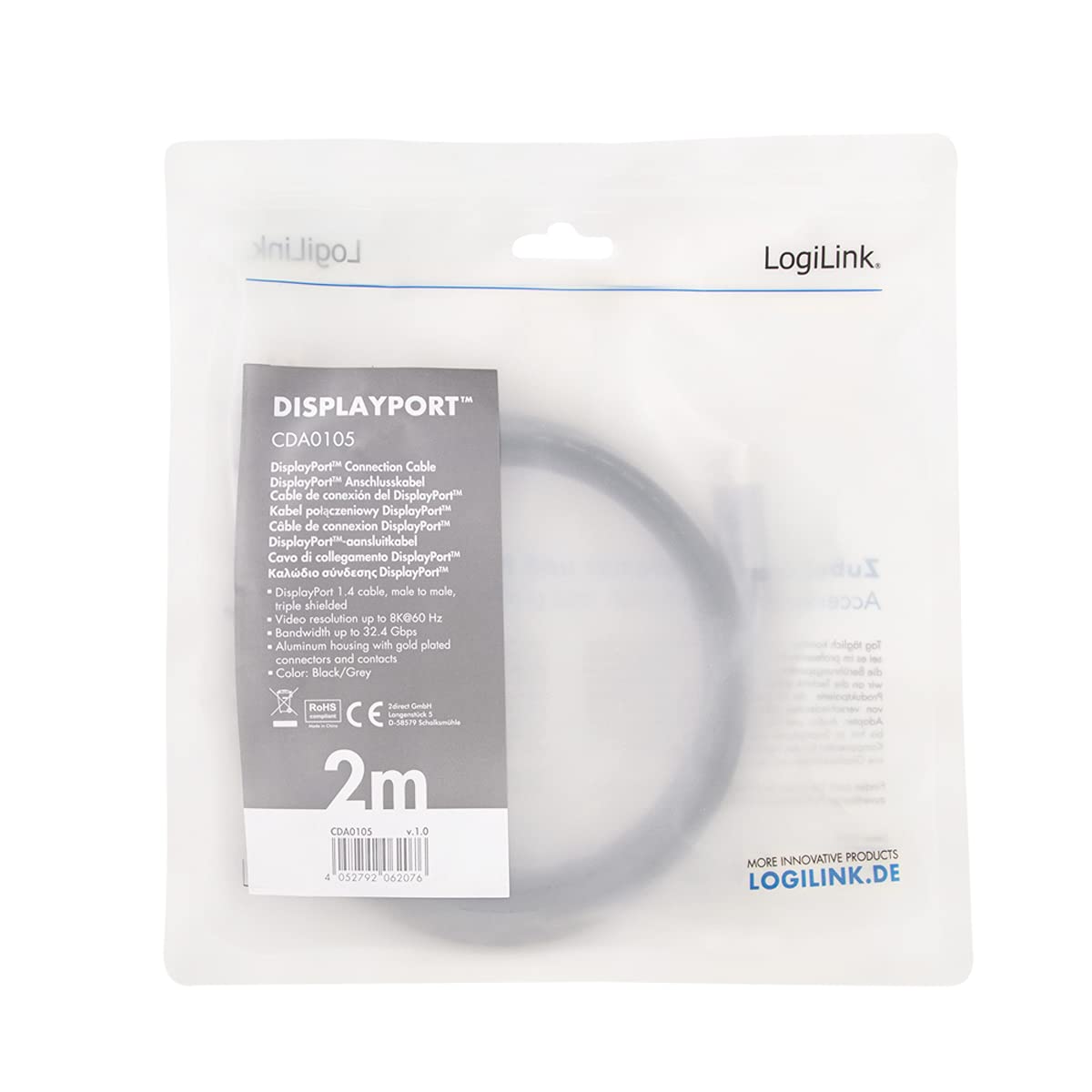 Logilink CDA0105 DisplayPort Connection Cable 8K/60 Hz, Aluminium, Black/Grey, 2 m