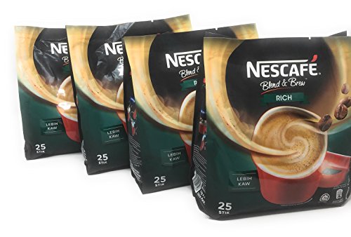 4 Packs Nescafe 3 in 1 Stronger taste than Original Nescafe 3 in 1 Rich Instant Coffee Lebih Kaw Premix Coffee Serve in Cold or Hot 25 Sticks/25 Serving