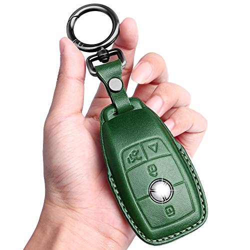 Tukellen for Mercedes Benz Key fob Cover Genuine Leather with Keychain,Leather Protector Key case Compatible Mercedes Benz 2017-2021 E-Class 2018-2021 S-Class 2019-2021 A-Class C-Class G-Class-Green