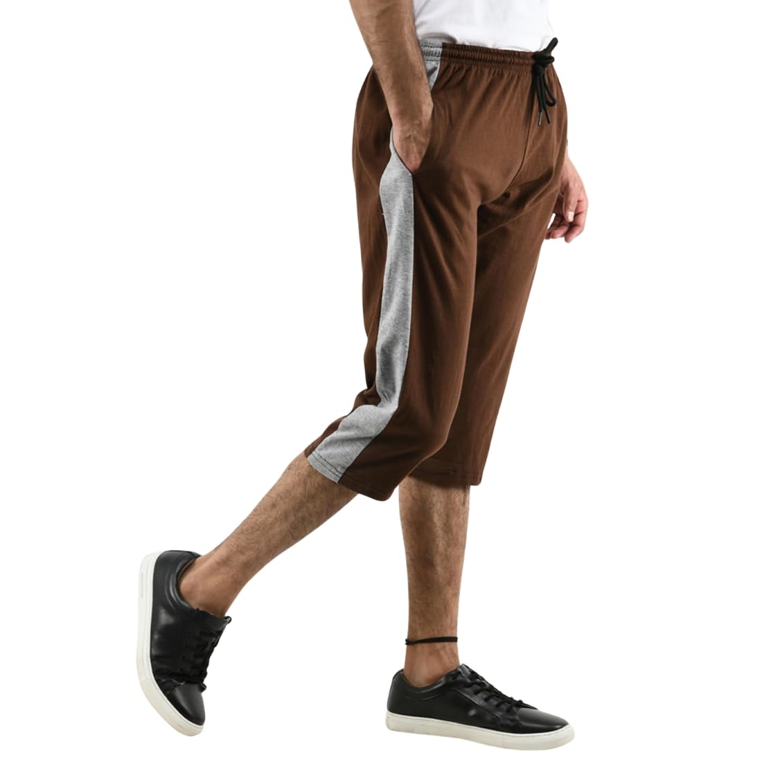 Men’s Cotton Capri Pants with Side Stripe, Dual Side Pockets and Adjustable Drawstring Waist – Comfortable Knee-Length Casual & Active Wear Brown-image-14
