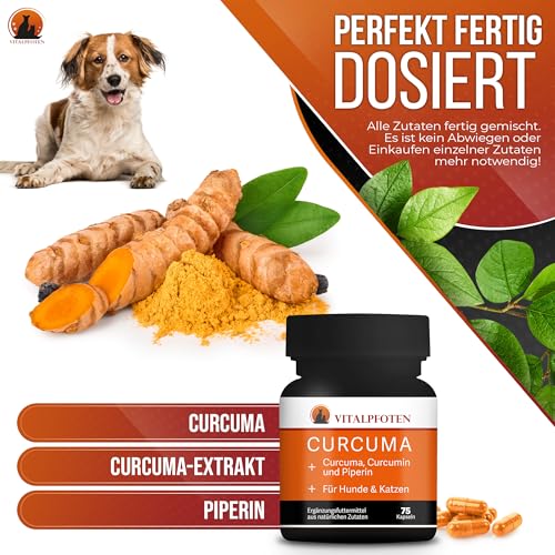 Vitalpfoten 75 Curcuma Kapseln für Hunde und Katzen mit Curcumin und Piperin, Ergänzungsfuttermittel sanfte Dosierung, Herstellung in Deutschland, höchste Reinheit und Qualität