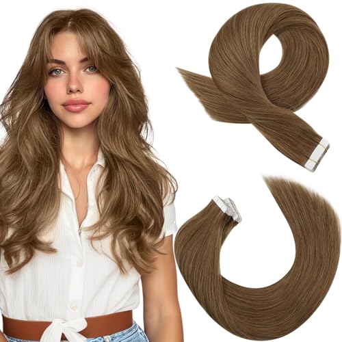Image of Moresoo Chestnut Brown Tape in Extensions Human Hair 16in 20Pcs 50g | Human hair extensions tape in, skin weft tabs, medium length for half-up looks, claw clips and weekend styling wear