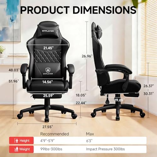 Image of GTPLAYER Gaming Chair, High Back Computer Gaming Chair with Footrest, Ergonomic Height Adjustable Office Chair with Removable Cover and Lumbar Support for Gaming & Work (BLK,with Leather Cover)