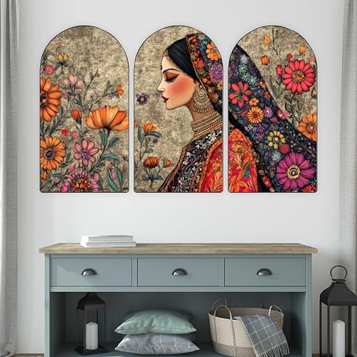Image of Livin'luxe Traditional Indian Woman with Floral Background Wall Painting | Ethnic Lady Portrait | Set of 3 MDF Panels | Elegant Wall Art for Living Room, Bedroom & Home Decor