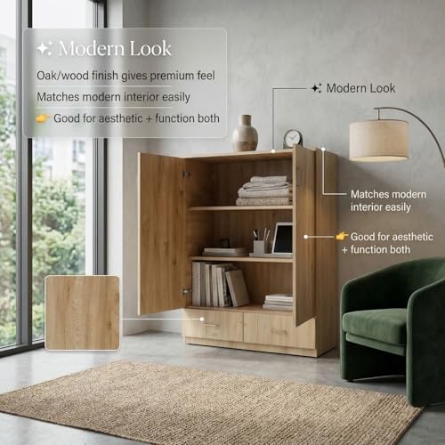 Image of FFO Wooden Storage Cabinet with 2 Doors & 2 Drawers | Multi-Purpose Wardrobe Organizer with Shelves | Engineered Wood Cupboard for Living Room, Bedroom & Office | Modern Sideboard Storage Unit DIY.