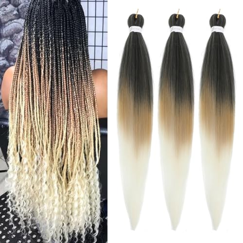 YeahPerfect Ombre Blonde Braiding Hair Pre Stretched Easy Braids 26 Inch 3 Packs Hot Water Setting Professional Yaki Synthetic Hair for Box Braids (3Pcs,26Inch,1b/27/613)