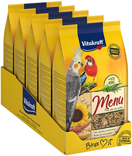 VITAKRAFT - Menu Grande Perruche - Alimentation Complète Pour Oiseaux Domestiques - Riche en Vitamines, Minéraux et Oligo-éléments - Lot de 5 Sachets Fraîcheur de 900 g