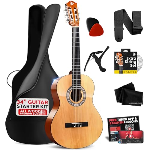 Pyle Beginner Acoustic Guitar Kit, 1/2 Junior Size All Wood Build Nylon String Instrument with Capo,...
