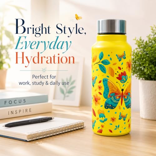 Image of Stainless Steel Water Bottle for School Office Travel | Printed Water Bottle | Drinking Bottle for Home Gym College | Stylish Bottle for Daily Use Picnic & Gifting (Yellow with Butterfly)