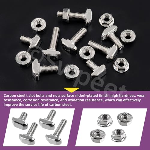 Swpeet 80Pcs 4 Tailles Norme européenne 30 Series M6 x 12/16/20/25mm T Bolt et Nickel à fente M6 Kit d'assortiment d'écrous à brides, Fente de filetage T, Bolt en T, Boule de tête de marteau, Stud de vis T
