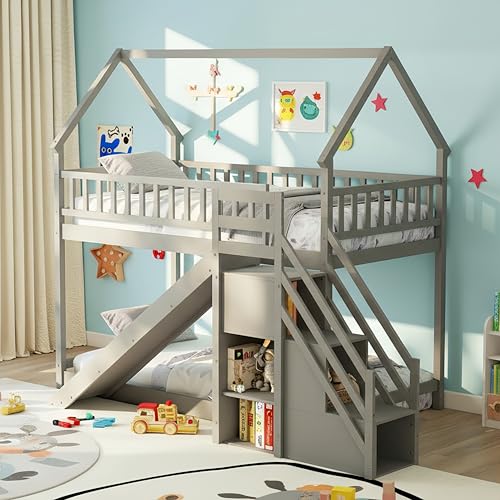 KOMFOTT Wood Twin Over Twin Bunk Bed with Slide &