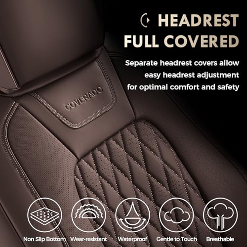 Image of Coverado Premium Leather Front Seat Covers Waterproof Heavy-Duty Protectors Custom Fit for Ford F150 (2015-2026) F250 /F350 /F450 (2017-2026)-Brown, Vintage Style, Scratch-Resistant