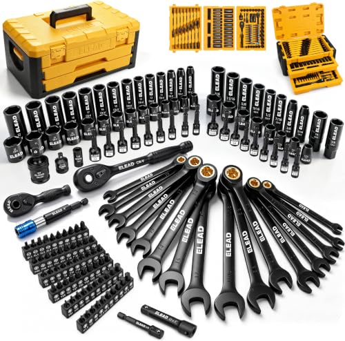 ELEAD 148-Piece Mechanics Tool Set, SAE/Metric 1/4" & 3/8" Drive Socket Set, Magnetic Nut Drivers, Ratcheting Wrenches, Extensions & Adapters, Quick-Release Ratchet, Mechanics Tool for Car Repair
