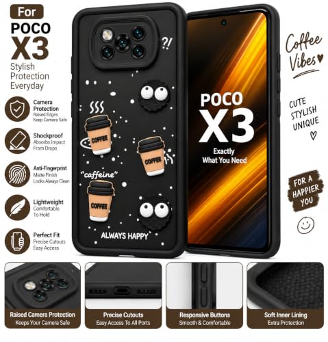 Image of Bintage Back Cover Compatible for Poco X3 / Poco X3 Pro | Cute Fun Ball | 3D Taddy Smiley Coffee | Milk Case | Full Body Protection - Black