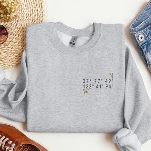 Custom GPS Coordinates Couple Hoodies, Location Embroidered Crewneck Sweatshirt, Sport Pullover Personalized Couple Meeting Place Longitude Latitude Valentine Gift4