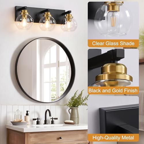 Image of LmnLvn Bathroom Light Fixtures, Farmhouse Black & Gold Metal with Globe | 3-Light Rustic Vanity Lights,Easy To Install, Mounted Over Mirror for Bathroom, Bedroom & Hallway